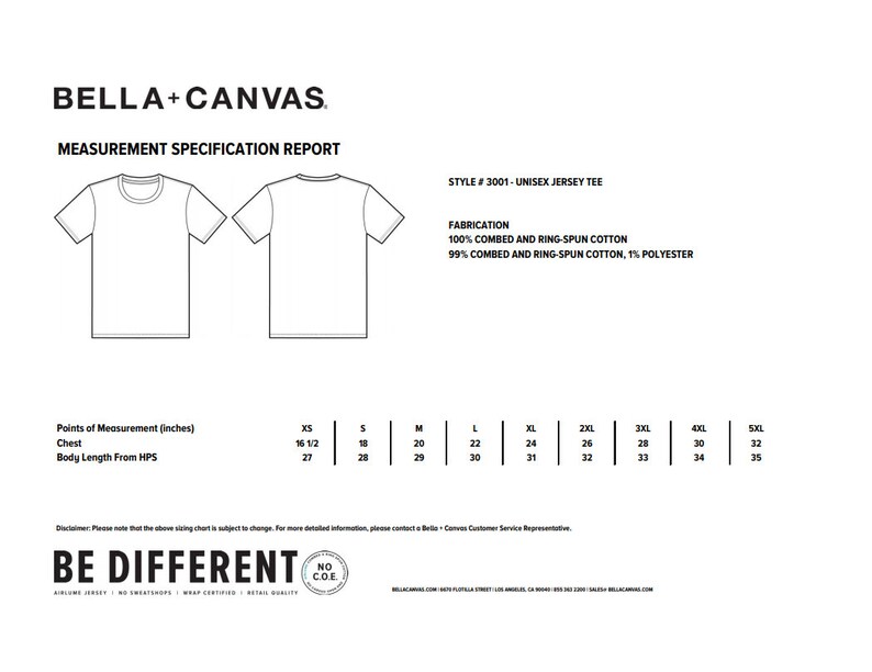May include: A size chart for a unisex jersey tee, showing measurements in inches for chest and body length from the high point of shoulder. The fabric is 100% combed and ring-spun cotton or 99% combed and ring-spun cotton, 1% polyester. The chart includes sizes XS, S, M, L, XL, 2XL, 3XL, 4XL, and 5XL.