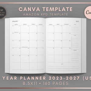 5 Year Planner [US] 2023-2027 • CANVA template • fully dated • fully editable & customizable • 8.5x11 inches (with bleed) • KDP template