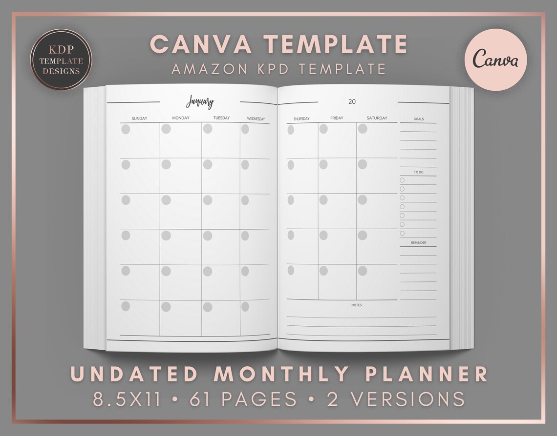 Undated Monthly Planner CANVA Templates Fully Editable & Etsy UK