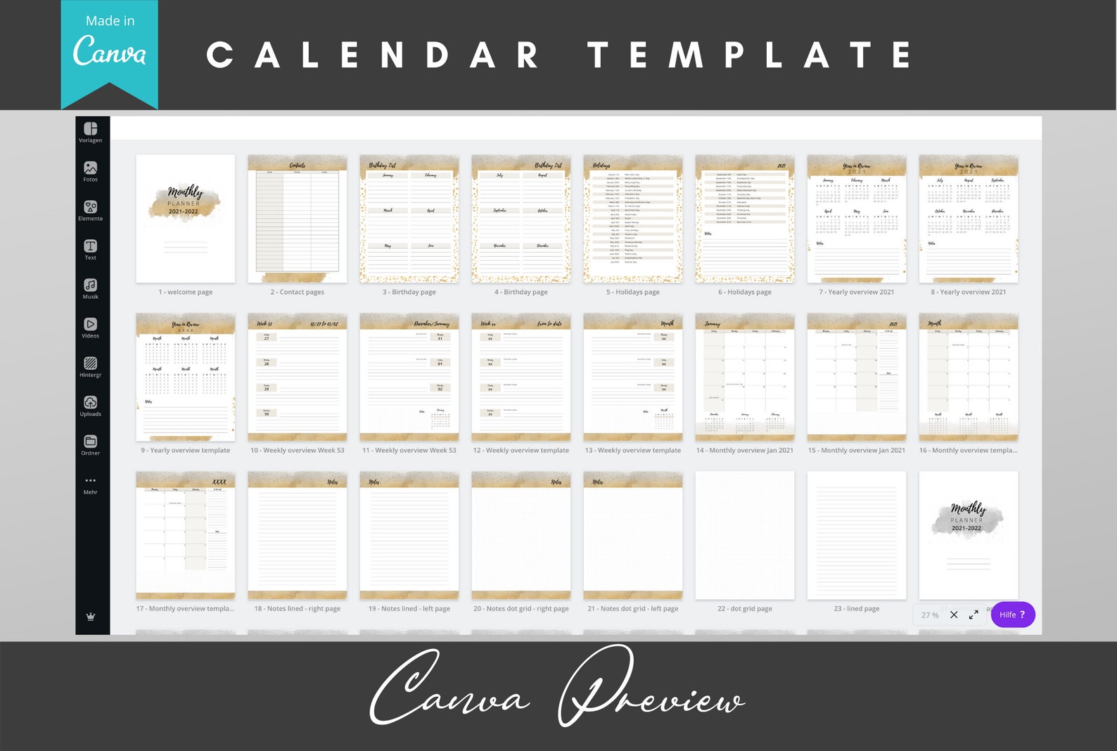 Calendar / Planner Canva Template Watercolor Gold Design Etsy