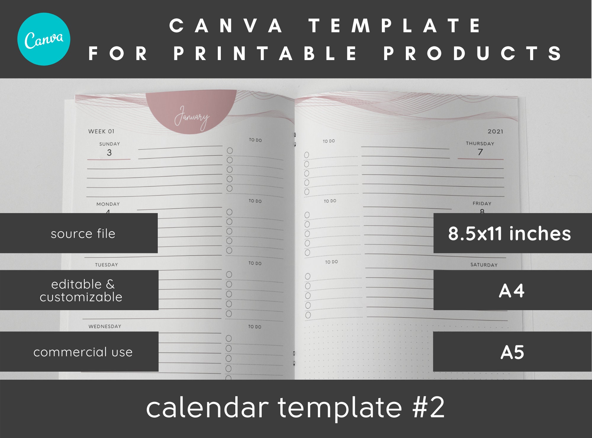 Editable Canva Calendar Template for Printable Products US Letter Size, A4  and A5 60 Pages Commercial Use - Etsy