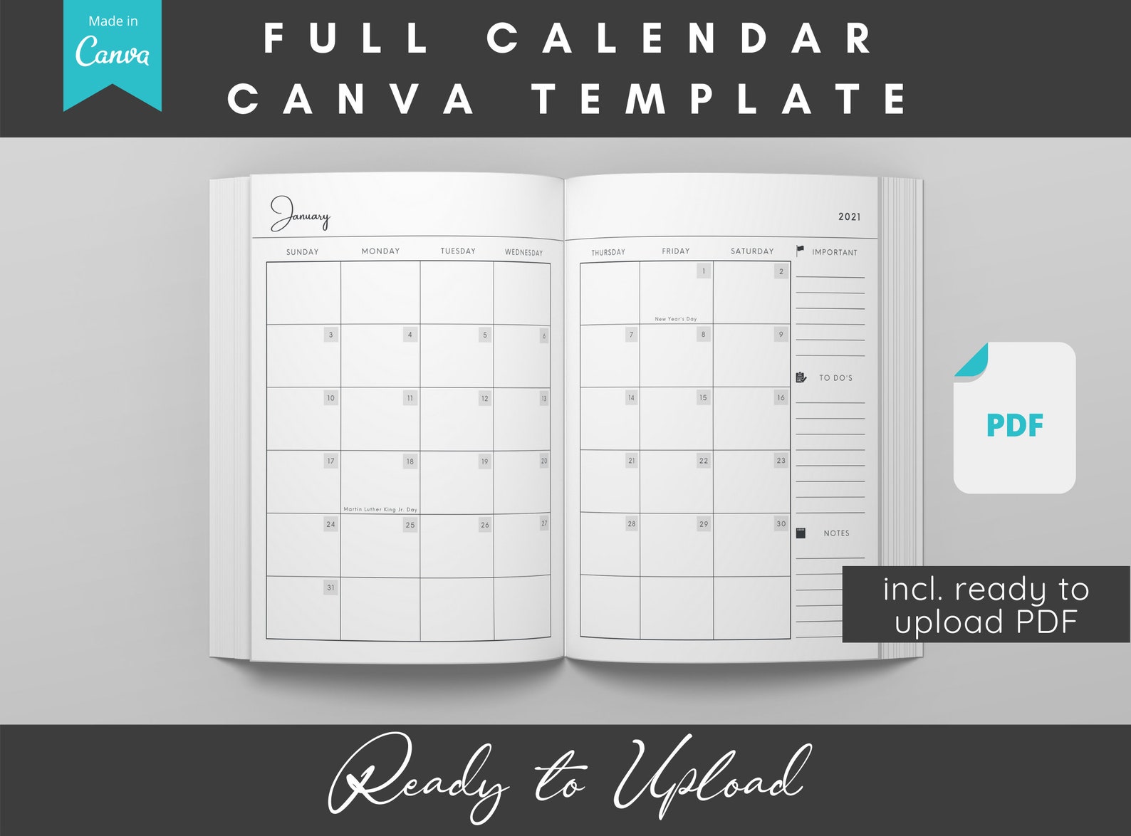 Canva Full Daily Calendar Template 8.5x11 in 2021 Daily | Etsy