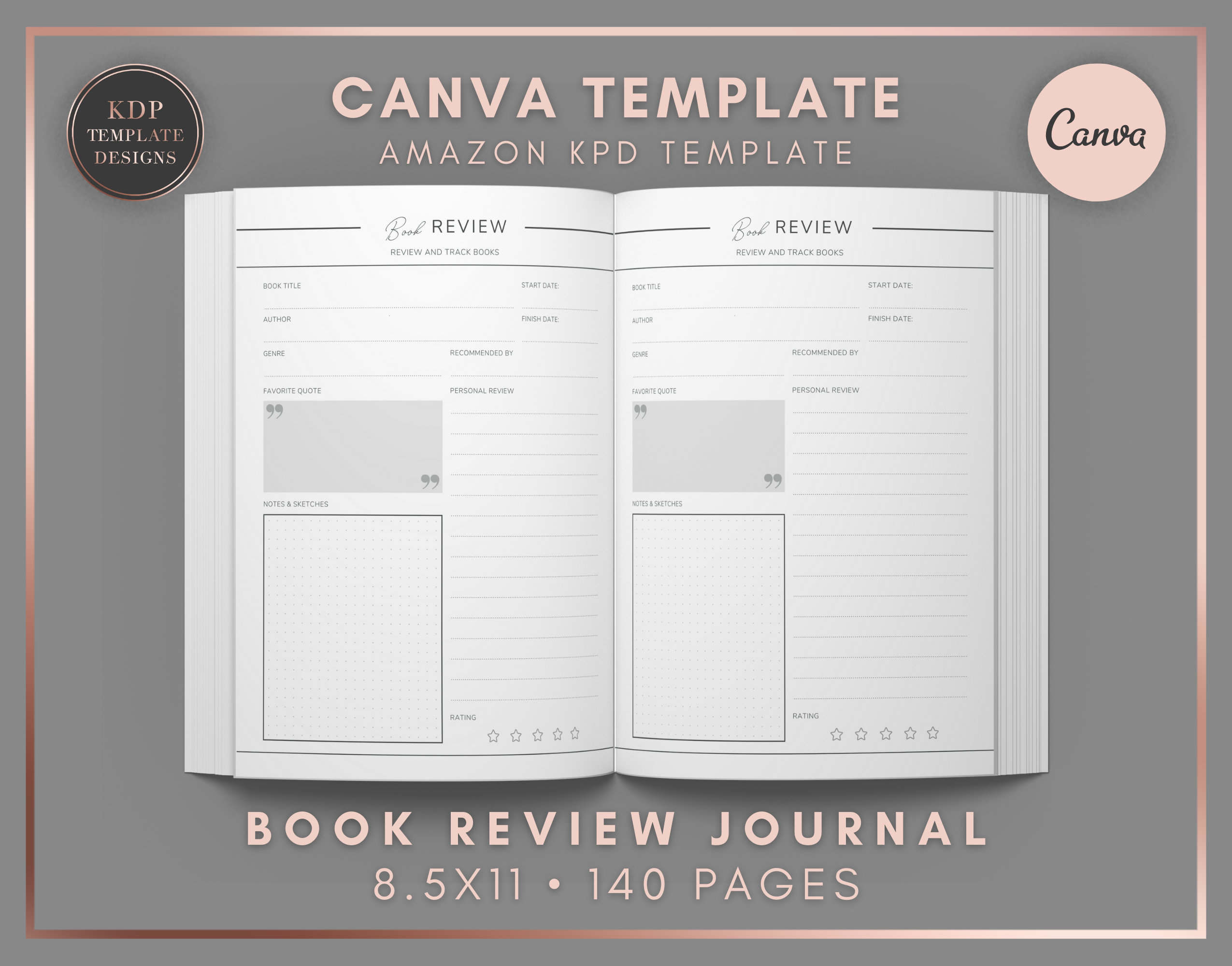 Book Review & Reading Journal Canva Template 8.5x11 Inches with Bleed  Commercial Use KDP Template 