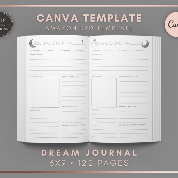 Dream Journal • CANVA template • editable & customizable • 6x9 inches (with bleed)  • Commercial Use • KDP template