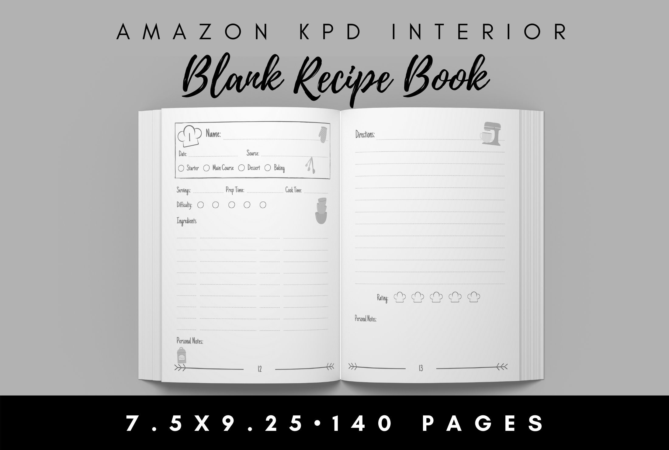 KDP Interior Template Blank Recipe Book and Journal 140 Pages for 64 Recipes  With Register 7.5x9.25 Inches Commercial Use (Download Now) 