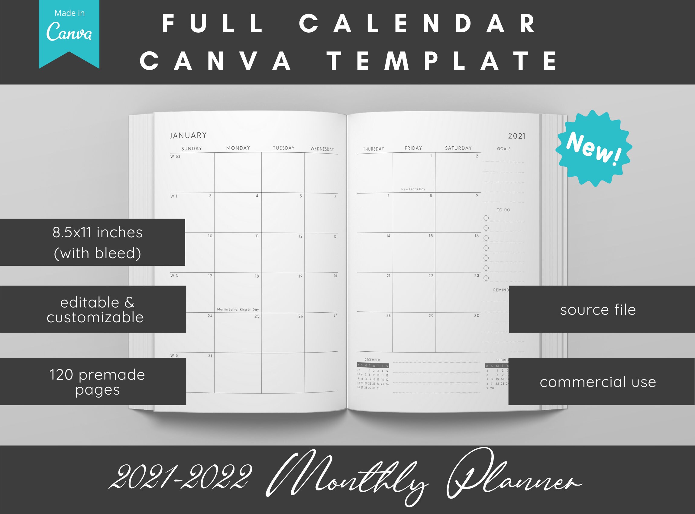 Canva Full Calendar Template 8 5x11 In Monthly Planner Etsy