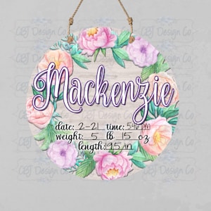 Digital Download for Sublimation, Floral Wreath Birth Stat Design, Birth Statistic Design, Design for Round Door Hanger for Aparecium Blanks