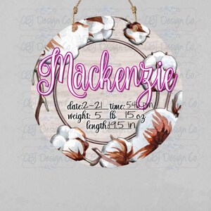 Digital Download for Sublimation, Cotton Wreath Birth Stat Design, Birth Statistic Design, Design for Round Door Hanger for Aparecium Blanks