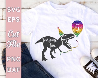 5th Birthday SVG | Boys Birthday shirt, fifth birthday | Fearsome Five T-Rex cut file | Dino Vector | Rainbow sublimation png | cricut cameo