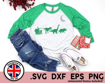 Boys Christmas Dinosaur SVG, Archivo de corte de camisa para dinosaurio trineo navideño y T-Rex, diseño para png, dxf y eps para hierro sobre vinilo y HTV