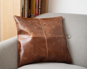 Funda de cojín de piel de búfalo 100 % auténtica, color coñac y negro de primera calidad, almohada de regalo, decoración de salón, decoración del hogar, inauguración de la casa.