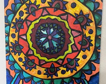 オリジナルドットアート曼荼羅絵画：聖心花柄抽象キャンバス（8x8