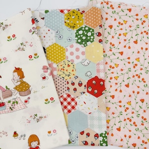 May include: Three fabric swatches with different patterns. One features a patchwork of hexagonal shapes in various colors and patterns. Another has a floral design with small orange flowers on a pink background. The third has a picnic scene.