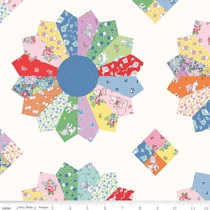 May include: A repeating pattern of colorful fabric featuring a floral design with a blue center. The fabric includes various shapes and colors, including red, pink, yellow, and green. The design also includes images of kittens and kites.