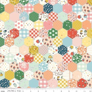 May include: A colorful patchwork fabric featuring a repeating pattern of hexagonal shapes. Each hexagon is filled with various designs, including strawberries, polka dots, stars, and floral patterns. The fabric has a whimsical and cheerful aesthetic, with a variety of pastel colors.