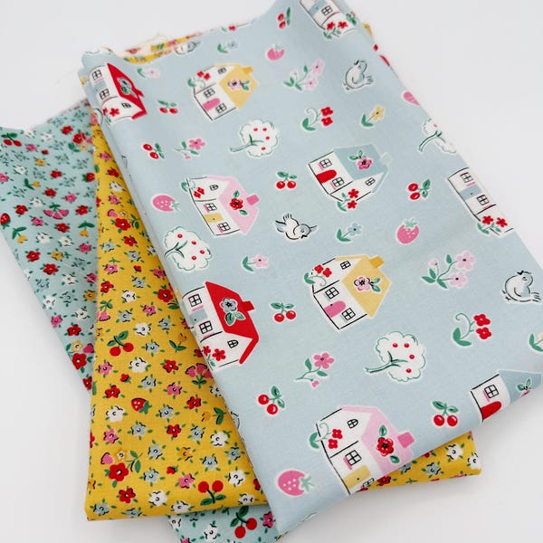Poppie Cotton Blue Happy Home, Blue & Yellow Bitty Blossoms Fat Quarter Bundle | Shop Curated FQ Bundle | 3 Fat Quarters