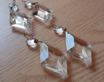4 Vintage Clear Chandelier Crystals; Nicely Cut Raised Both Sides Prisms for Chandelier Lamp Light Restoration KR20