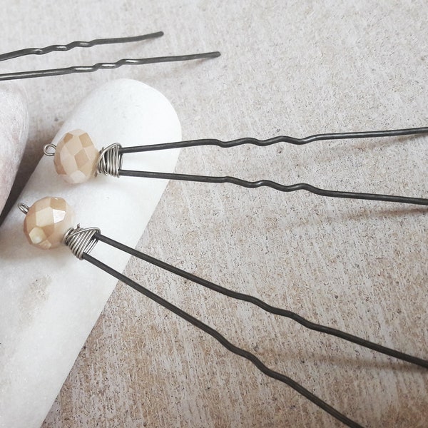 Light Beige Bead Hair Pin, Wedding Accessories,  Bridal Hair Pins, Cream Glass Beads