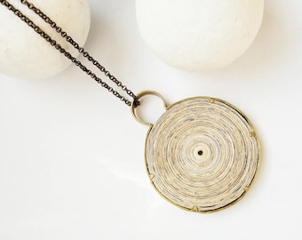 Paper Art Circle Pendant, Book Lovers Bohemian Gift, Brass Long Necklace, Round Necklace