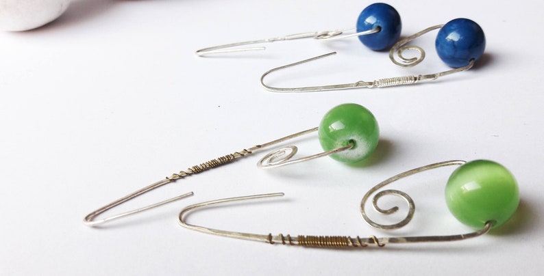Long Green Ancient Jewelry Silver Oblong Dangle Earrings