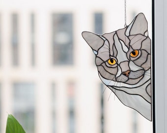 British Cat Stained Glass Suncatcher, Gray Cat Lovers Gift for Grandmother, Window Hanging Cat Decor for Home, Cat Memorial Portrait