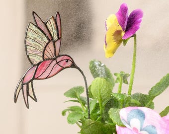 Stained Glass Hummingbird Plant Stake: Pink Garden Decor, Gift for Mothers Day