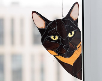 Stained Glass Cat Suncatcher Burmese Cat Owner Gift for Mother Day, Personalized Pet Memorial Portrait from Photo, Window Hanging Home Decor