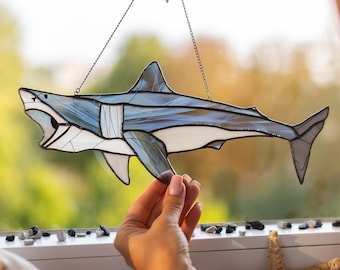 Stained Glass Window Hangings Shark Light Catcher - Unique Home Decor Glass Art - Birthday gift for father