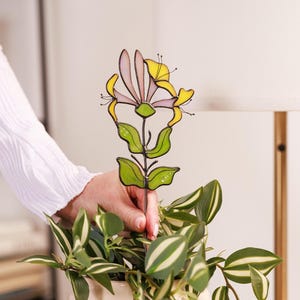 Custom Stained Glass Honeysuckle Flower Plant Stake: June Birthday Gift
