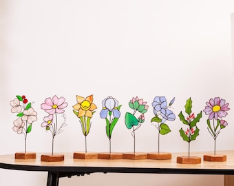 Stained Glass August Birth Flower Plant Stake, Table Decor for Mom