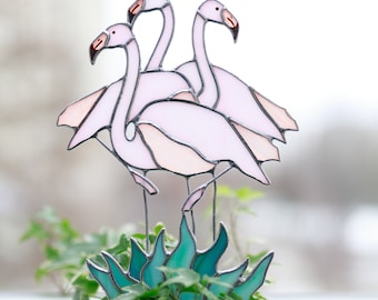 Suporte de plantas em vitral com flamingo, decoração de jardim, presente de aniversário para a mãe.