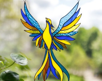 Stained glass window hangings, Unique Handmade Phoenix Suncatcher, Mothers day gifts, Colorful Mythical Bird, Special Majestic Firebird