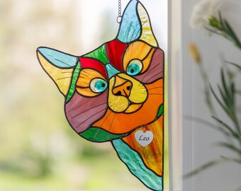 Personalized Stained glass Cat - Peeking cat suncatcher Window Hangings - Custom Cat with Engraved Sign - Personalized gifts for Christmas