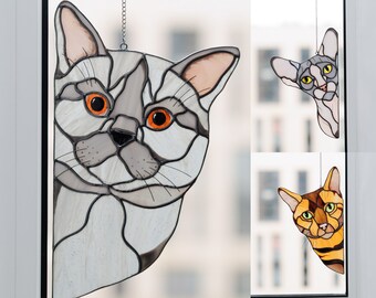 Stained Glass Cat Suncatcher, Mothers day Gift  from Daughter,  Peeking Cat Decor for Home, Custom Pet Lovers Gifts for Mother in Law