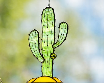 Window hangings Cactus stained glass suncatcher Birthday gifr for father Stained glass decor