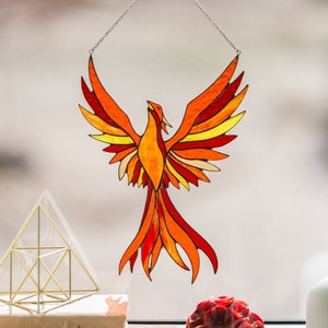 Rising Phoenix Suncathcer, Stained Glass Window Hangings, Red Flame Firebird Window Pendant, Mothers day gift from daughter