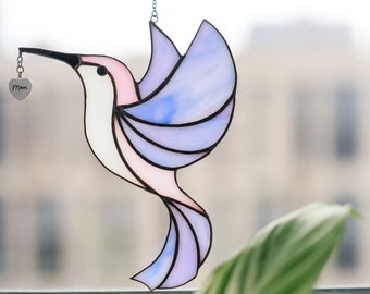 Personalized Hummingbird Suncatcher, Whimsical Mothers Day Gift, Stained Glass Window Hangings Colibri, Custom Engraved Sign on Bird Beak