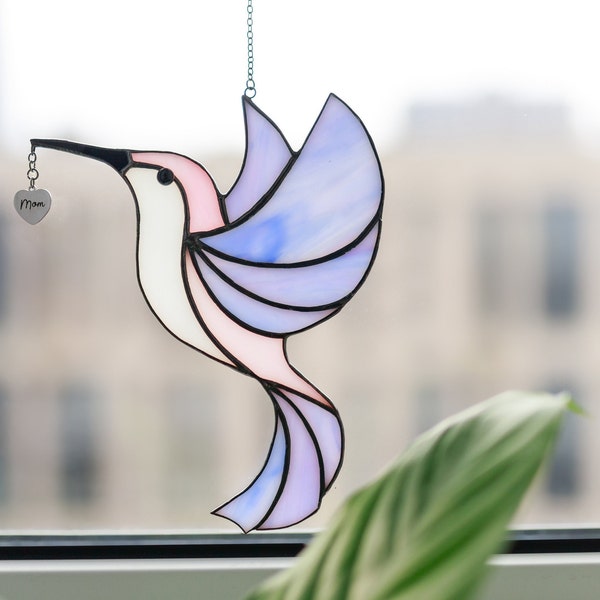 Personalized Hummingbird Suncatcher, Whimsical Mothers Day Gift, Stained Glass Window Hangings Colibri, Custom Engraved Sign on Bird Beak