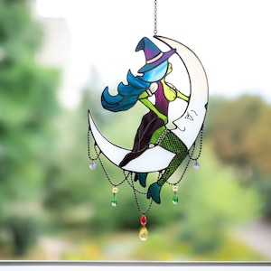 Witch on the Moon - Stained Glass window hangings - Coquette room decor - Valentines gifts for him funny - Apartment decor aesthetic