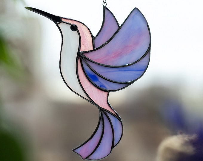 Stained glass Hummingbird suncatcher - Valentines day Gift - Bird Stain glass window hangings -  Glass Bird decor