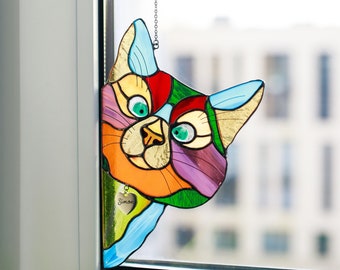 Personalized Stained Glass Cat, Christmas gifts, Peeking Custom Name Suncatcher, Handmade Engraved Pet, Unique Eye-catching Window Hangings