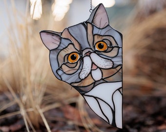 Exotic Shorthair Stained Glass Cat, Pet Memorial Suncatcher Window Hanging Gift from Daughter for Mother Day, Cat Decoration for Living Room