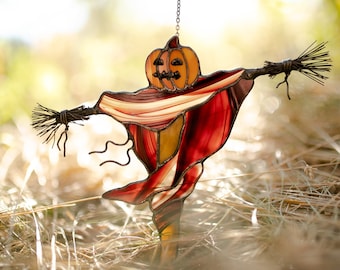 Halloween stained glass Scarecrow pumpkin decor Scary halloween decorations