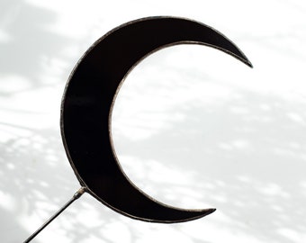 Crescent Black Moon plant stake, Stained glass moon garden stake, Handmade moon stake for indoor/outdoor, Moon gifts for best friend