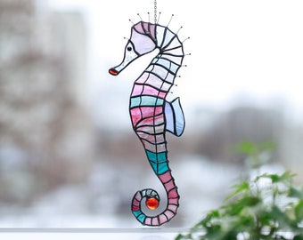 Seahorse coastal decor, Stained glass ocean window hangings, Beach house decor, Mom birthday gift from daughter