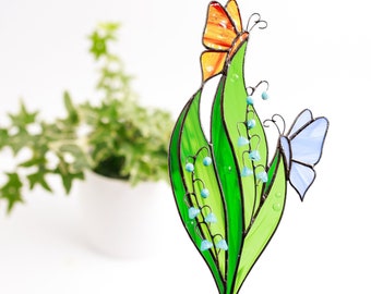 Stained Glass Lily of the Valley Plant Stakes Butterfly on Green Leaf Suncatcher Mothers Day Gift Glass Plant Decor For Pots