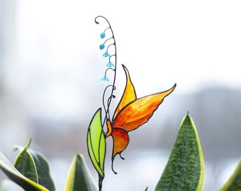 Stained glass Butterfly decor - Garden stake and Suncatcher 2 in 1 - Butterfly plant stake on metal rod - Mothers day gift