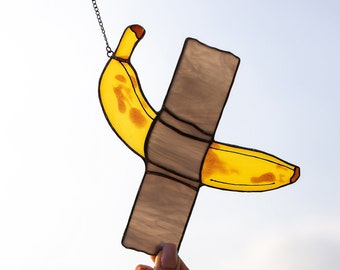 Stained Glass Window Hangings - Yellow duct-taped Banana Art - Fruit Suncatcher Unique long Distance Gift - Best Birthday Gifts for Mom