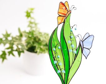 Stained Glass Lily of the Valley Plant Stakes Butterfly on Green Leaf Suncatcher Birthday Gift for Mother Glass Plant Decor For Pots