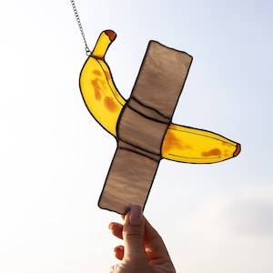 Stained Glass Window Hangings - Yellow duct-taped Banana Art - Fruit Suncatcher Unique long Distance Gift - Best Birthday Gifts for Mom